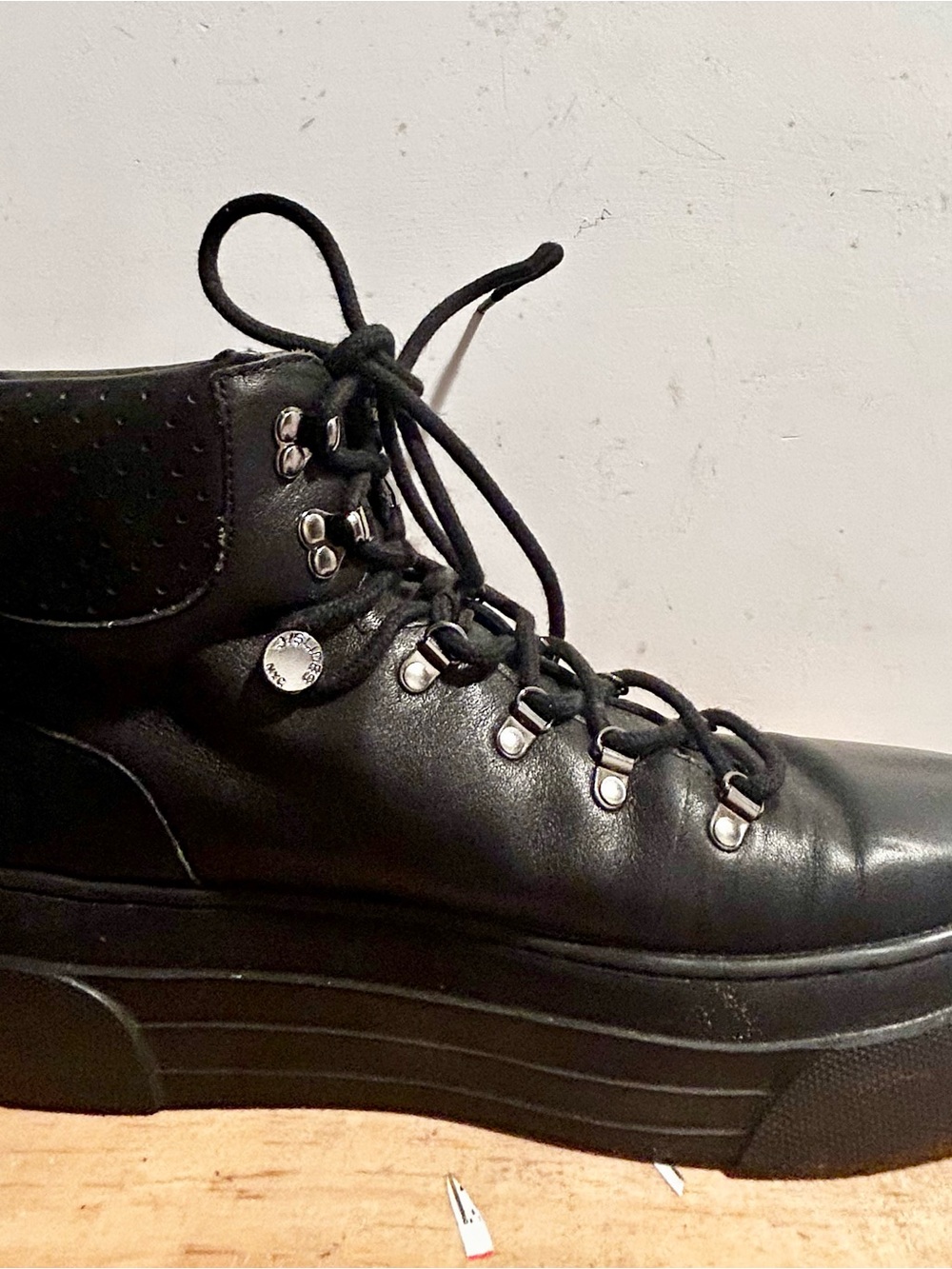 Women’s Black Leather Combat Moto Boots - Sleek Lace-Up Platform - Picture 4 of 8